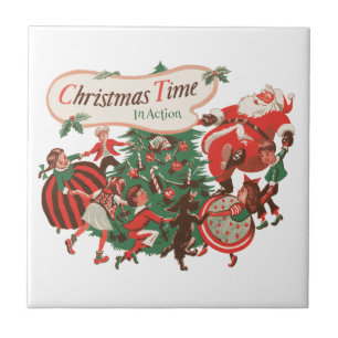 Weihnachtsmann und tanzende Kinder im Vintage-Stil Fliese