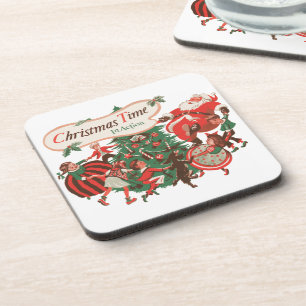 Weihnachtsmann und tanzende Kinder im Vintage-Stil Getränkeuntersetzer