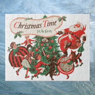 Weihnachtsmann und tanzende Kinder im Vintage-Stil Puzzle