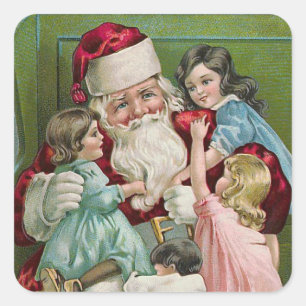 "Weihnachtsmann und vier Kinder " Quadratischer Aufkleber