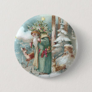 Weihnachtsmann und Waldtiere vintage Weihnachten Button
