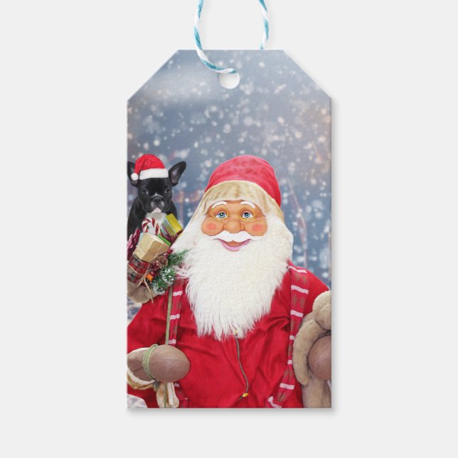 Weihnachtsmann und Weihnachtsgeschenke Französisch Geschenkanhänger (Vorderseite)