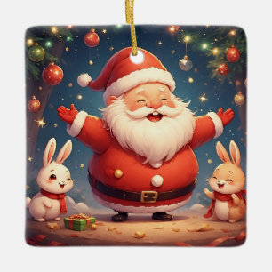 Weihnachtsmann und zwei fröhliche Kaninchen Keramikornament