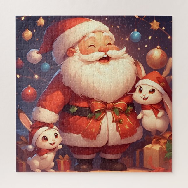 Weihnachtsmann und zwei fröhliche Kaninchen Puzzle (Vertikal)