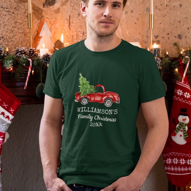 Weihnachtsmann Vintager LKW Personalisiert grün T-Shirt (Customize to change text color, style or text size.)