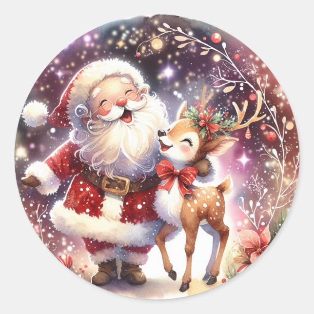 Weihnachtsmann Wasserfarbe Niedlich Runder Aufkleber (Vorderseite)