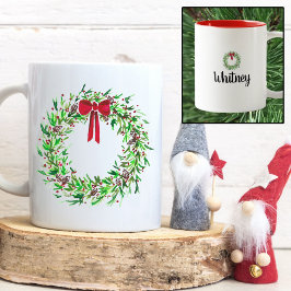 Weihnachtsmann Wasserfarbe Rote Berries & Pinien Zweifarbige Tasse