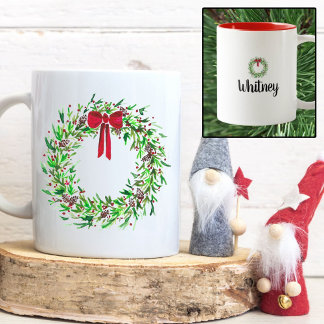 Weihnachtsmann Wasserfarbe Rote Berries & Pinien Zweifarbige Tasse