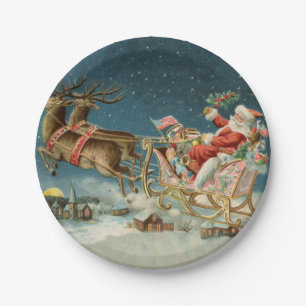 Weihnachtsmann Weihnachten Antik Schlitten Rentier Pappteller