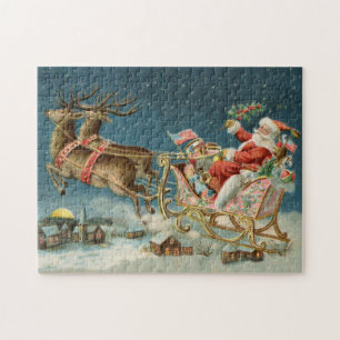 Weihnachtsmann Weihnachten Antik Schlitten Rentier Puzzle