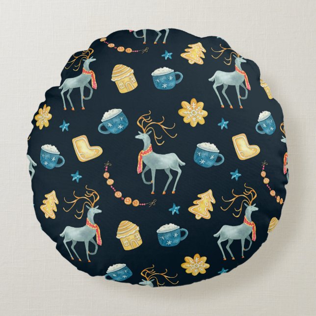 Weihnachtsmänner: Aquarellfarbenes nahtloses Muste Rundes Kissen (Vorderseite)