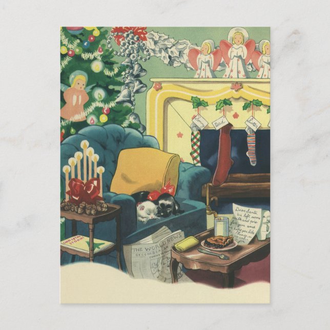 Weihnachtsmänner im Wohnzimmer Feiertagspostkarte (Vorderseite)