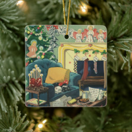 Weihnachtsmänner im Wohnzimmer Keramikornament