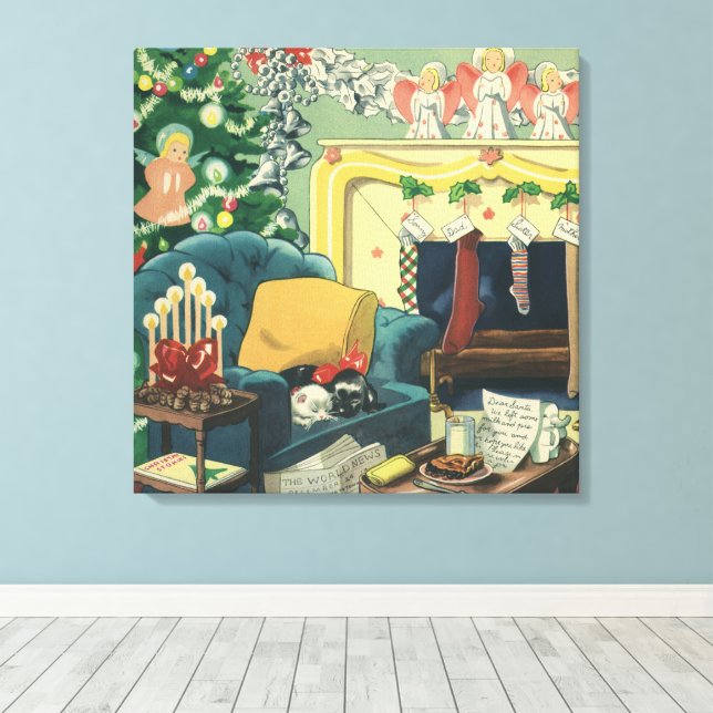 Weihnachtsmänner im Wohnzimmer Leinwanddruck (Insitu (Holzboden))