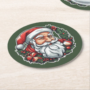 Weihnachtsmannkopf mit Kranz - Runder Pappuntersetzer