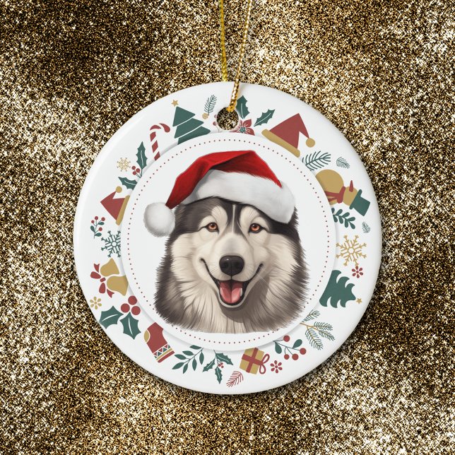 Weihnachtsmannmütze Alaskan Malamute Weihnachtsfot Keramik Ornament (Von Creator hochgeladen)