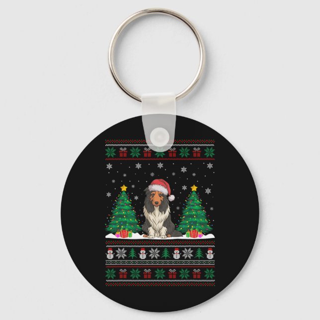 Weihnachtsmannmütze Barted Collie Dog Xmas Tree Li Schlüsselanhänger (Vorderseite)