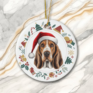 Weihnachtsmannmütze Basset Hound Hund Weihnachtsfo Keramik Ornament