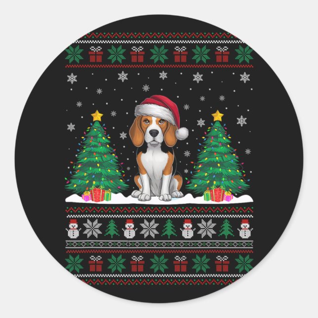 Weihnachtsmannmütze Beagle Hund Weihnachtsbaumleuc Runder Aufkleber (Vorderseite)