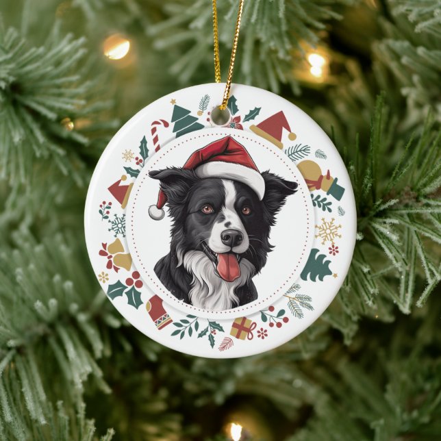 Weihnachtsmannmütze Border Collie Weihnachtsfotos  Keramik Ornament (Baum)