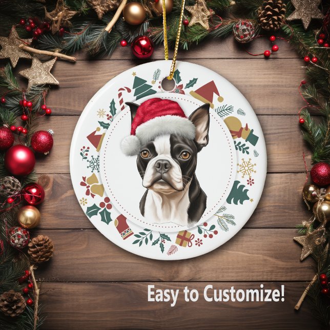 Weihnachtsmannmütze Boston Terrier Dog Weihnachtsk Keramik Ornament (Von Creator hochgeladen)