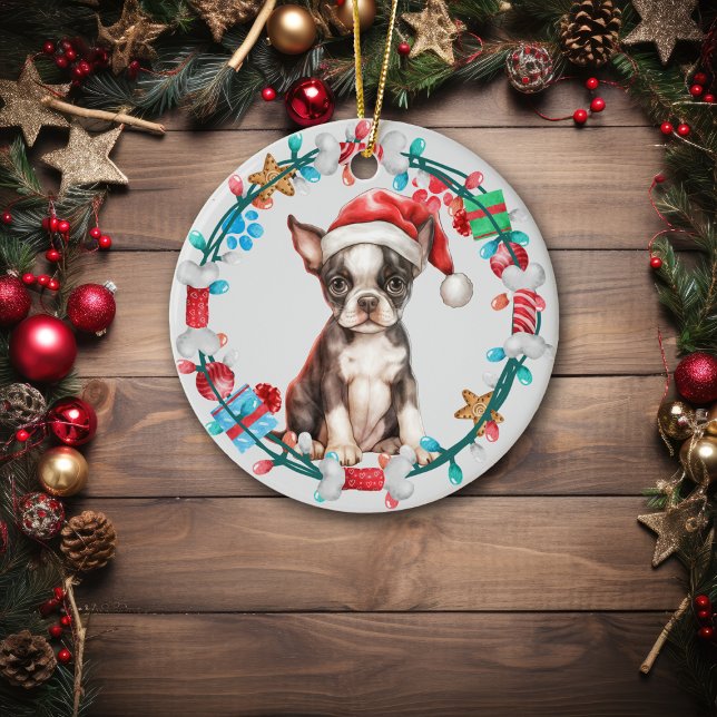 Weihnachtsmannmütze Boston Terrier Puppy Bone Krea Keramik Ornament (Von Creator hochgeladen)