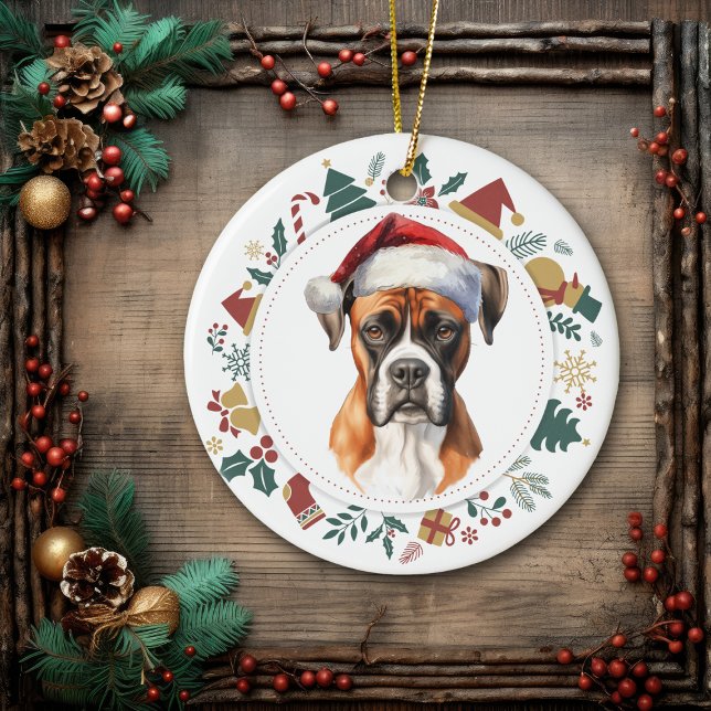 Weihnachtsmannmütze Boxer Dog Weihnachtskranz Keramik Ornament (Von Creator hochgeladen)