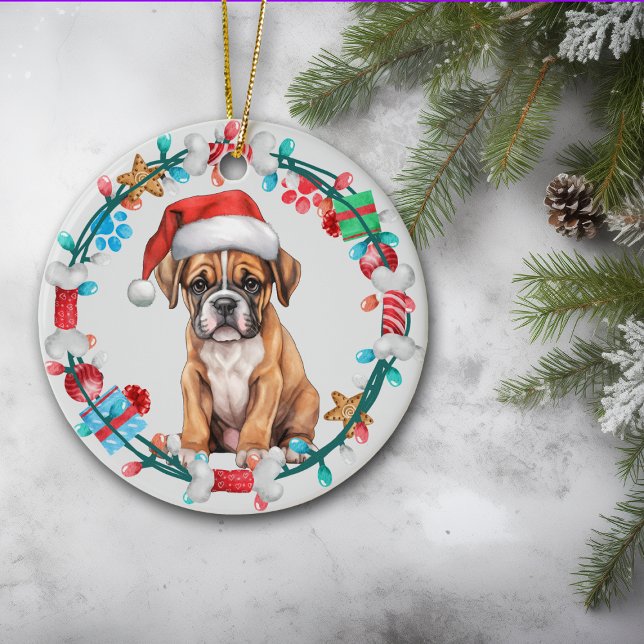 Weihnachtsmannmütze Boxer Welpe Kranz Keramik Ornament (Von Creator hochgeladen)