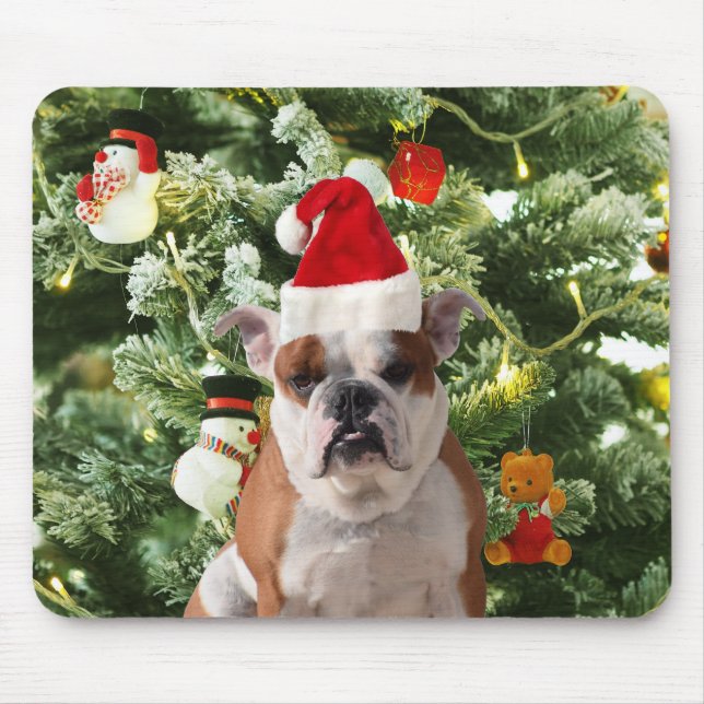 Weihnachtsmannmütze Bulldog Christmas Tree Snowman Mousepad (Vorne)