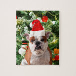Weihnachtsmannmütze Bulldog Christmas Tree Snowman Puzzle<br><div class="desc">Niedliches Bulldog Foto mit der Weihnachtsbaum Snowman Geschenkboxen im Hintergrund. Ein perfektes Geschenk für Weihnachten!</div>
