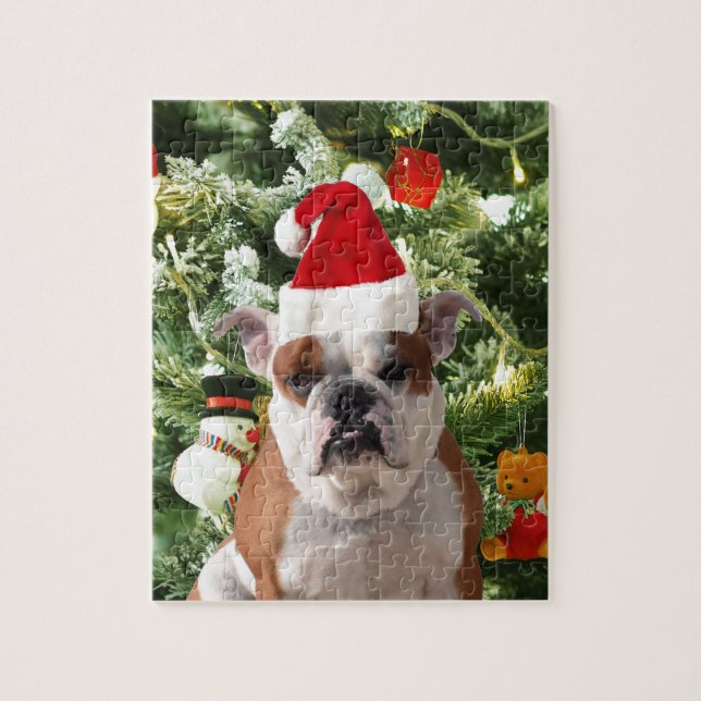 Weihnachtsmannmütze Bulldog Christmas Tree Snowman Puzzle (Vertikal)