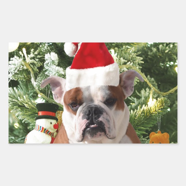 Weihnachtsmannmütze Bulldog Christmas Tree Snowman Rechteckiger Aufkleber (Vorderseite)