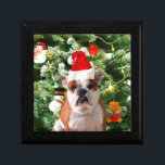 Weihnachtsmannmütze Bulldog Christmas Tree Snowman Schmuckschachtel<br><div class="desc">Niedliches Bulldog Foto mit der Weihnachtsbaum Snowman Geschenkboxen im Hintergrund. Ein perfektes Geschenk für Weihnachten!</div>