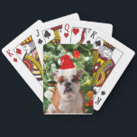 Weihnachtsmannmütze Bulldog Christmas Tree Snowman Spielkarten<br><div class="desc">Niedliches Bulldog Foto mit der Weihnachtsbaum Snowman Geschenkboxen im Hintergrund. Ein perfektes Geschenk für Weihnachten!</div>