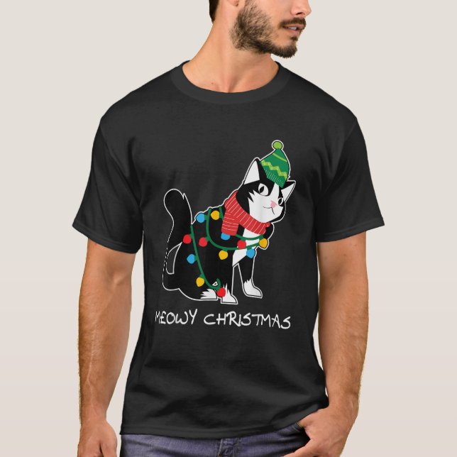 Weihnachtsmannmütze Cat Meowy X Mas Licht Weihnach T-Shirt (Vorderseite)