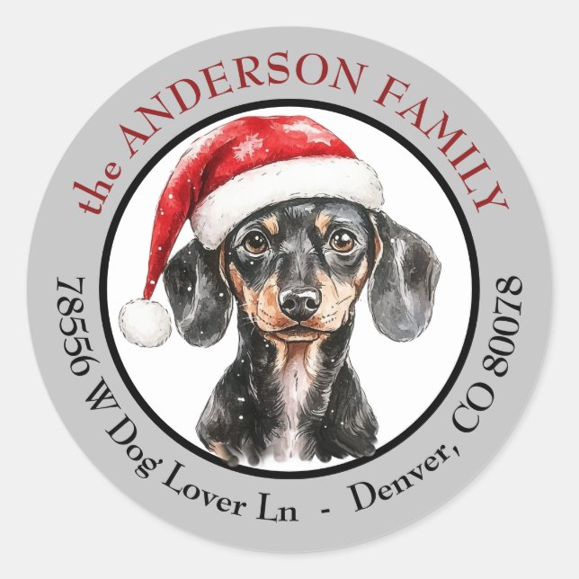 Weihnachtsmannmütze Dachshund-Hund Rücksendeadress Runder Aufkleber (Vorderseite)