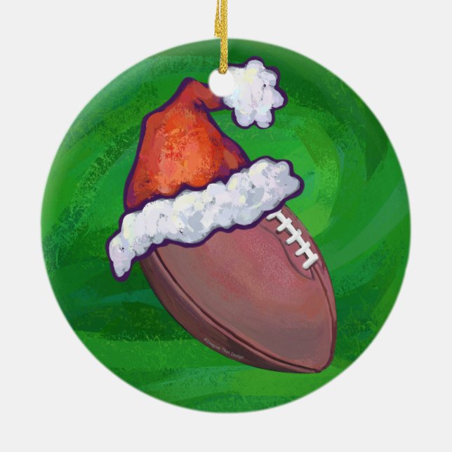 Weihnachtsmannmütze Football auf Grün Keramik Ornament (Hinten)
