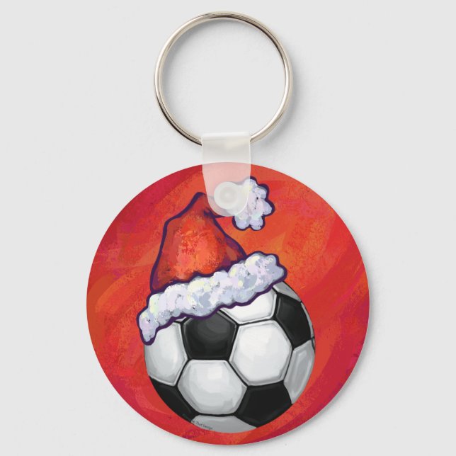 Weihnachtsmannmütze Fußball auf Rot Schlüsselanhänger (Vorderseite)