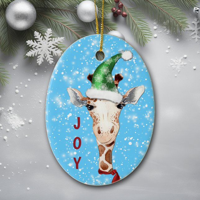 Weihnachtsmannmütze Giraffe Snowflake Background K Keramik Ornament (Von Creator hochgeladen)