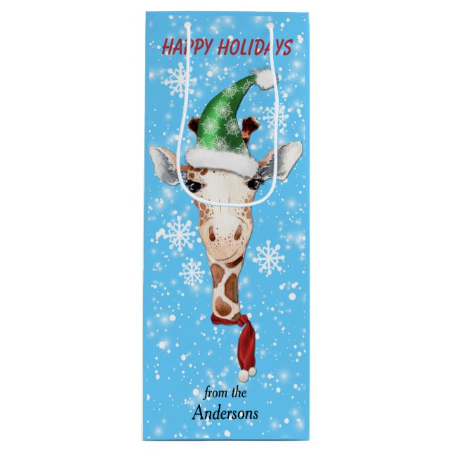 Weihnachtsmannmütze Giraffe Snowflake Blaue Weinka Geschenktüte Für Weinflaschen (Vorderseite)