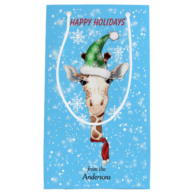 Weihnachtsmannmütze Giraffe Snowflake Blue Kleine Geschenktüte (Vorderseite)