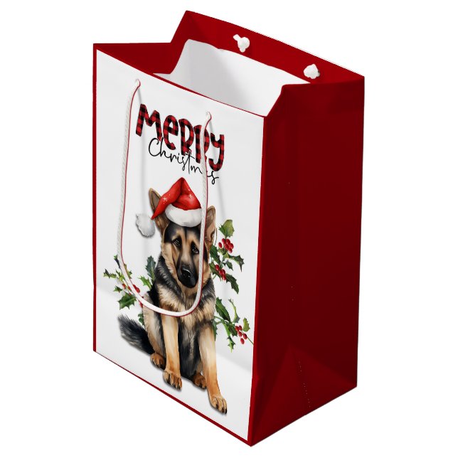 Weihnachtsmannmütze Holly German Shepherd Welppy Mittlere Geschenktüte (Vorderseite Schrägansicht)