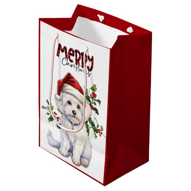 Weihnachtsmannmütze Holly Maltese Dog Weihnachten Mittlere Geschenktüte (Vorderseite Schrägansicht)