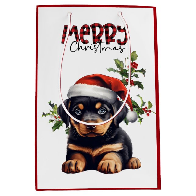Weihnachtsmannmütze Holly Rottweiler Welpe Weihnac Mittlere Geschenktüte (Vorderseite)