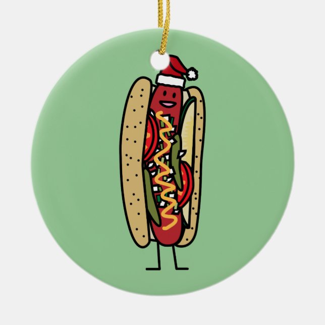 Weihnachtsmannmütze Hotdog Chicago-Art Weihnachts Keramikornament (Vorne)