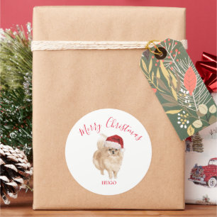 Weihnachtsmannmütze Hund Spitz Frohe Weihnachten Runder Aufkleber