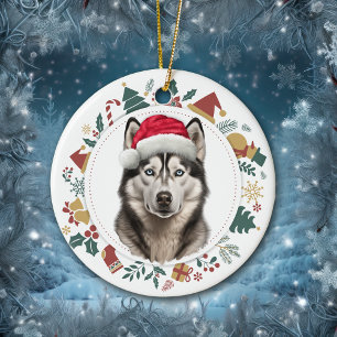 Weihnachtsmannmütze Husky Dog Weihnachtsfotos Wraa Keramik Ornament