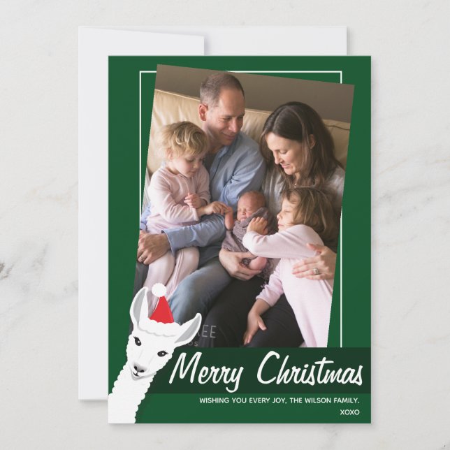 Weihnachtsmannmütze Llama Grün Foto Feiertagskarte (Vorderseite)