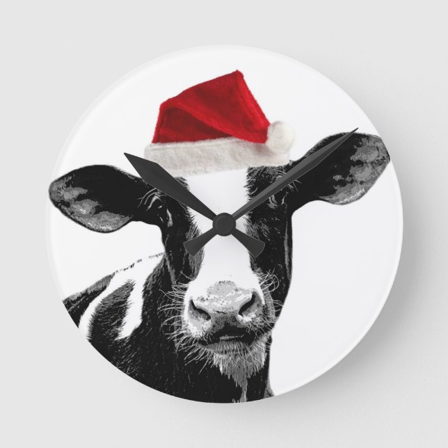 Weihnachtsmannmütze-Milchkuh Runde Wanduhr (Vorderseite)