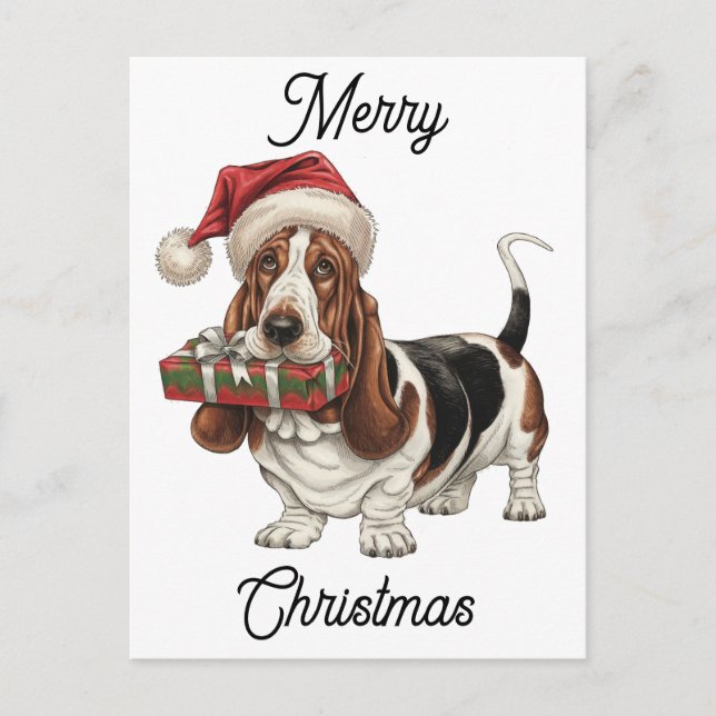Weihnachtsmannmütze mit Basset personalisiert Feiertagspostkarte (Vorderseite)